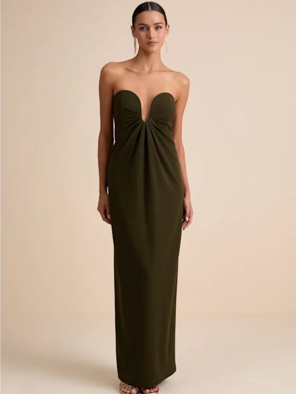 Lulu's Thula Dark Olive Green Strapless Plunging Sweetheart Gown